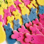 Decorated cookies of pink, yellow and purple peeps bunnies