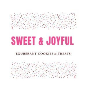 Logo revised to fuschia, pink and white with background of tiny hearts reading Sweet & Joyful