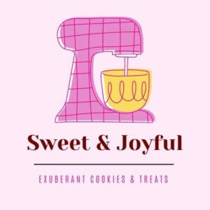 Logo revised with fuschia & yellow stand mixer drawing with pink background and purple red text reading Sweet & Joyful