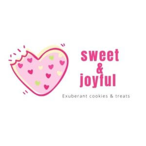 Revised logo in fuschia & pink with a heart cookie visual reading Sweet & Joyful