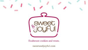 Canva bakery business card personalized for Sweet & Joyful, to educate readers on how to produce business cards for a new cookie business