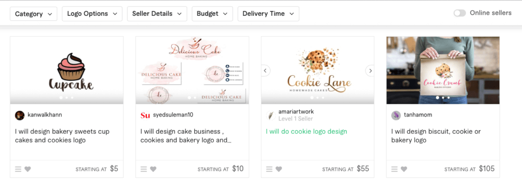 Screen shot on Fiverr of a search for Cookie Logos