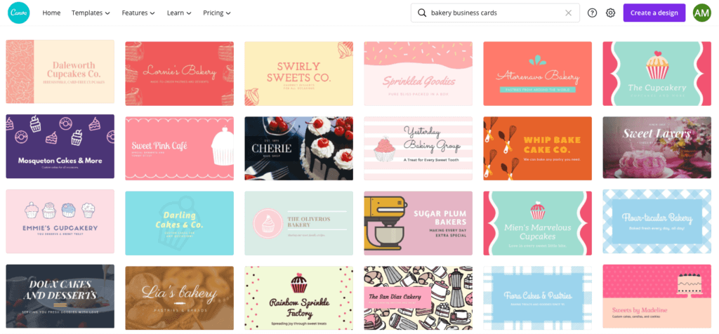 Canva webpage of bakery business card template options, to educate readers on how to produce business cards for a new cookie business
