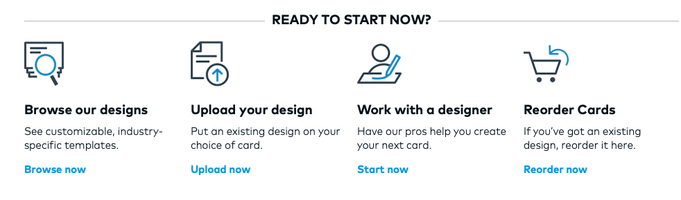 Vistaprint's webpage that displays the 3 ways to produce cards, to educate readers on how to create business cards for their new cookie business