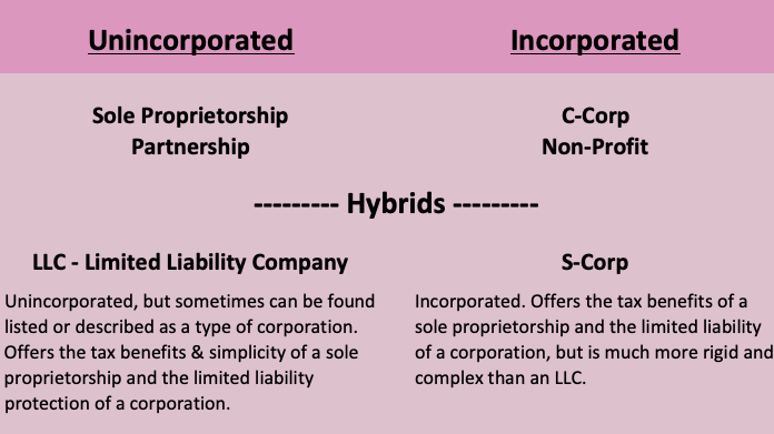 Graphic listing the various business structures whether unincorporated or incorporated, or a hybrid of the two, to educate readers on how to set up a new cookie business