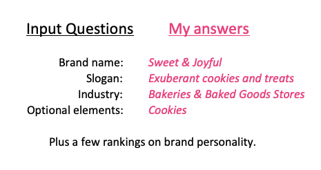 Questions and answers for Sweet & Joyful to use the Fiverr Logo maker, to educate readers on how to create a logo for their new cookie business