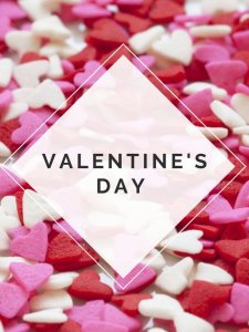 Valentine's Day category displayed over background of red, pink & white candy hearts